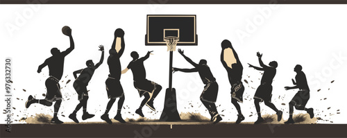 Basketball game, players, hoops, and dynamic action, sports silhouettes, black silhouette, vector illustration, flat style.