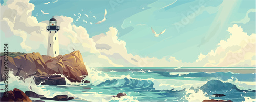 Beautiful coastal cliff with a lighthouse, crashing waves, and seagulls, flat, vector illustration in watercolor style.
