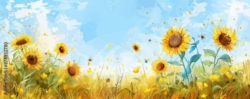 Beautiful sunflower field with tall flowers, buzzing bees, and a clear blue sky, flat, vector illustration in watercolor style.