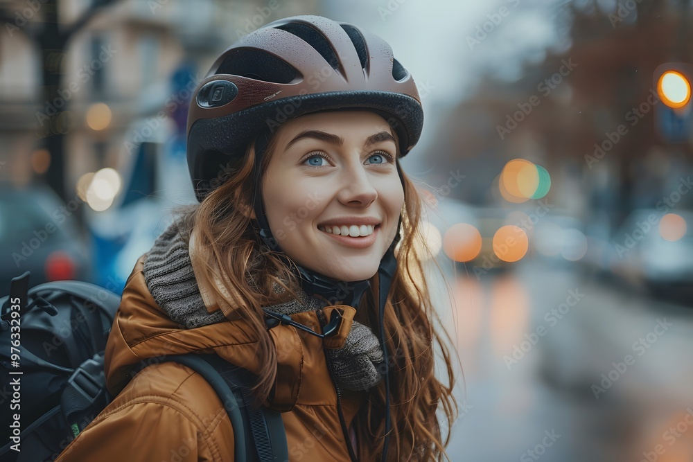 Joyful Cyclist in a Rainy Urban Setting Joyful Cyclist in a Rainy Urban Setting