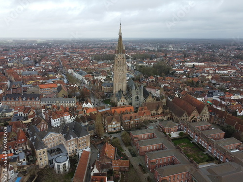 Brugge from an aerial perspective, highlighting its historical charm, architectural beauty, and scenic waterways 