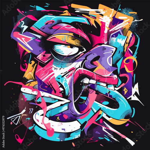 A colorful painting of a face with a mouth open and a tongue sticking out