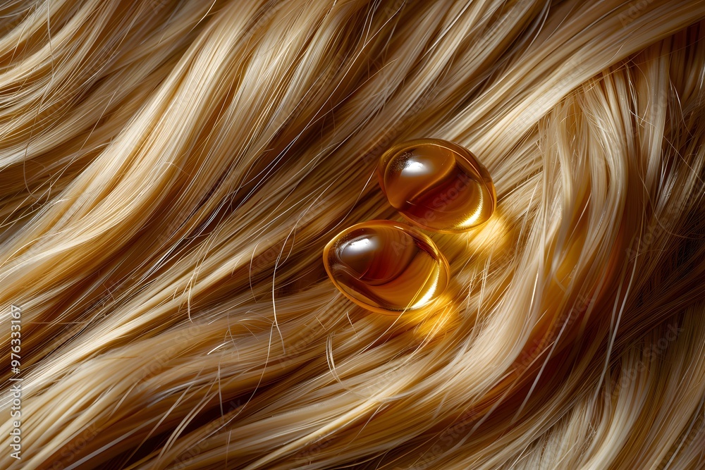Fototapeta premium Luxurious Hair Care: Golden Capsules on Silky Strands