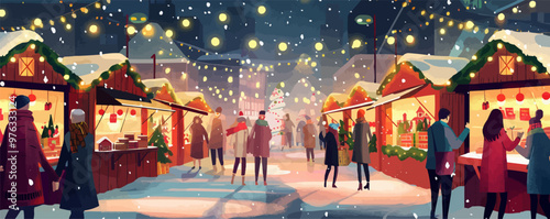 A group of people are walking down a snowy street during the holiday season