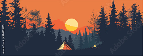 A campfire is lit in the woods, with a tent nearby
