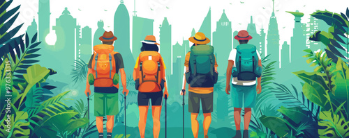 Tourist Guide concept. Four young tourists with backpacks on their backs. A group of friends exploring the city. Young tourist trekking in the jungle. Set Trend Modern vector flat illustration