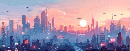 A futuristic city skyline with sleek skyscrapers, holographic advertisements, and bustling flying traffic. Vector flat minimalistic isolated illustration.
