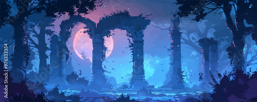 A mystical forest glade with ancient ruins entwined with ivy, illuminated by ethereal moonlight. Vector flat minimalistic isolated illustration.