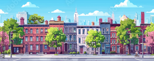 City street with set of buildings vector illustration