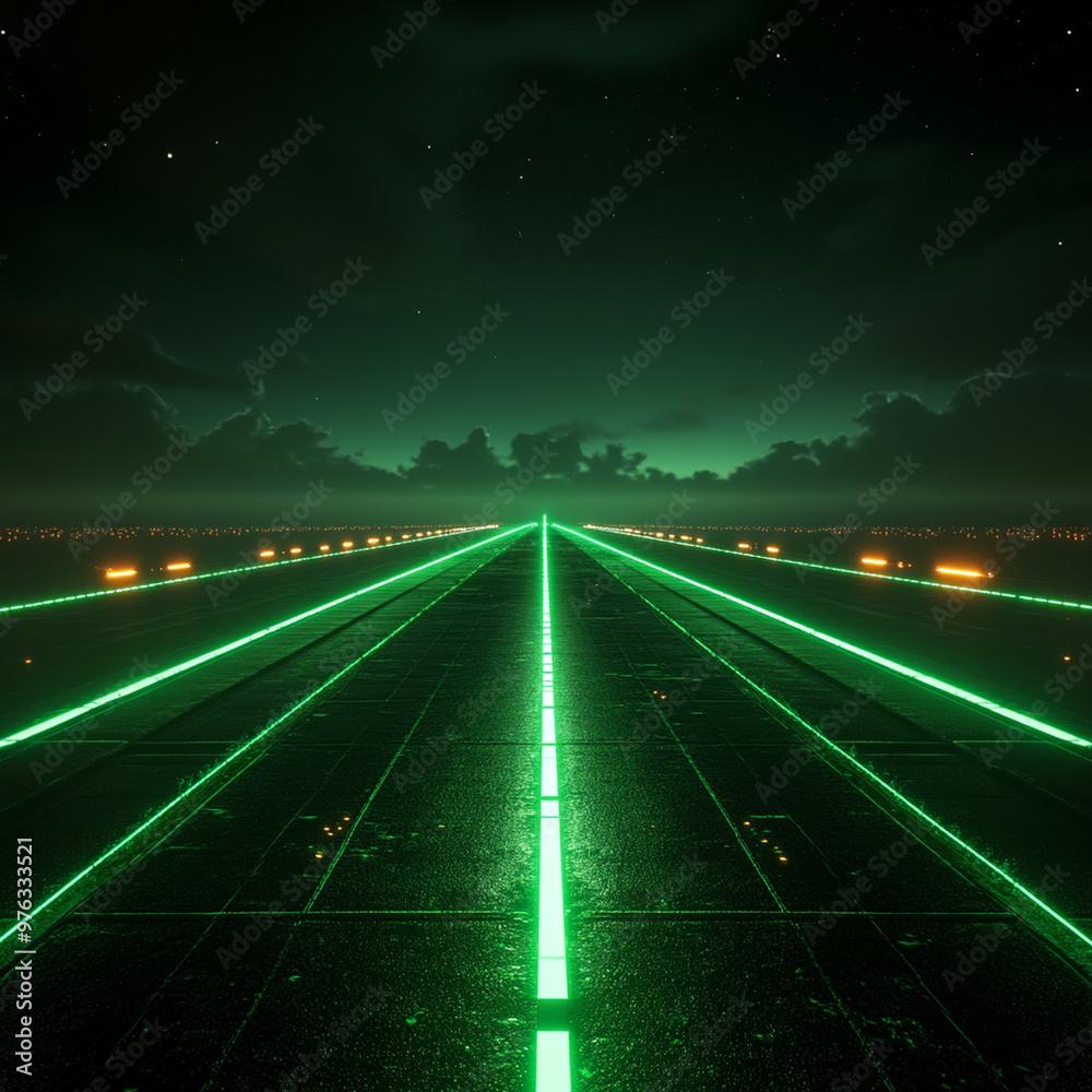 A futuristic runway illuminated by vibrant green lights stretches into distance under starry night sky. reflective surface adds dramatic effect, creating captivating atmosphere A futuristic runway illuminated by vibrant green lights stretches into distance under starry night sky. reflective surface adds dramatic effect, creating captivating atmosphere