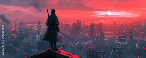 uturistic samurai standing on a building in cyberpunk city. vector simple illustration
