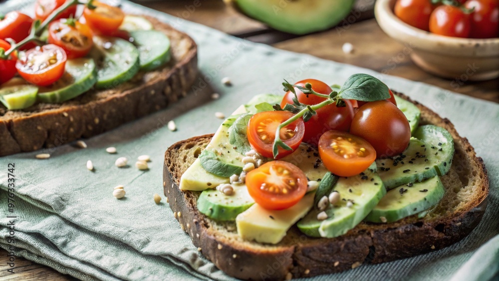 A slice of toasted sour dough bread with avocado and tomato on top
A slice of toasted sour dough bread with avocado and tomato on top