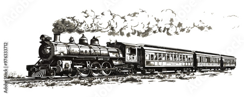 Old locomotive or train on railway. Retro transport. Hand drawn sketch vector illustration in vintage engraving style. vector simple illustration