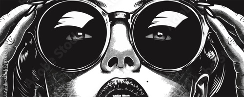 Classic pin-up opera glasses, vector illustration, pin-up style, imitation of a scratch board, black and white image.