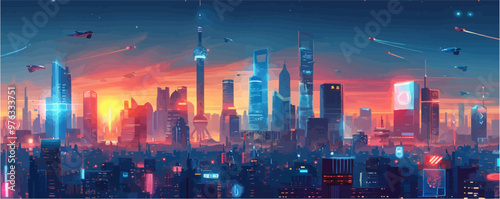 A futuristic city skyline with sleek skyscrapers, holographic advertisements, and bustling flying traffic. Vector flat minimalistic isolated illustration.