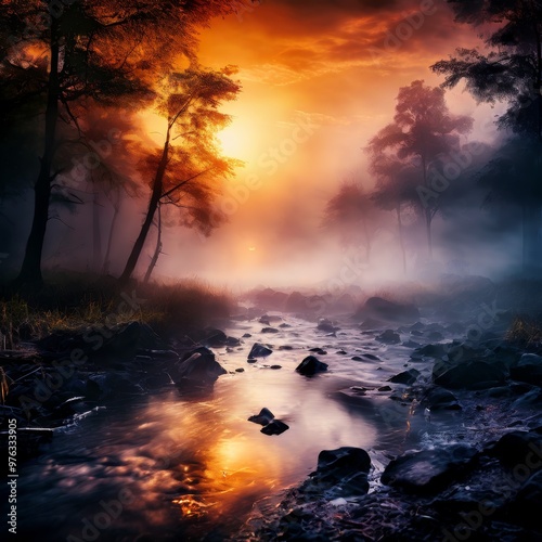 A mystical scene of a sunrise breaking through the fog over a dense forest, with a gently flowing stream reflecting the orange and purple hues of the sky, creating a tranquil, dreamlike atmosphere.