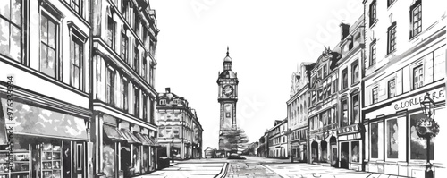 Clock tower in a city square sketch engraving vector illustration. Scratch board imitation. Black and white image. Vector