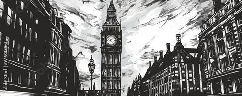 Clock tower in a city square sketch engraving vector illustration. Scratch board imitation. Black and white image. Vector