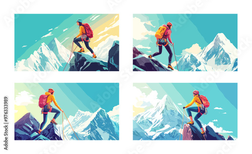 Cartoon woman climbing mountain. Rock climb up female alpinist in helmet with ropes and backpack character, girl mountaineer extreme sportsman activity climber vector illustrations