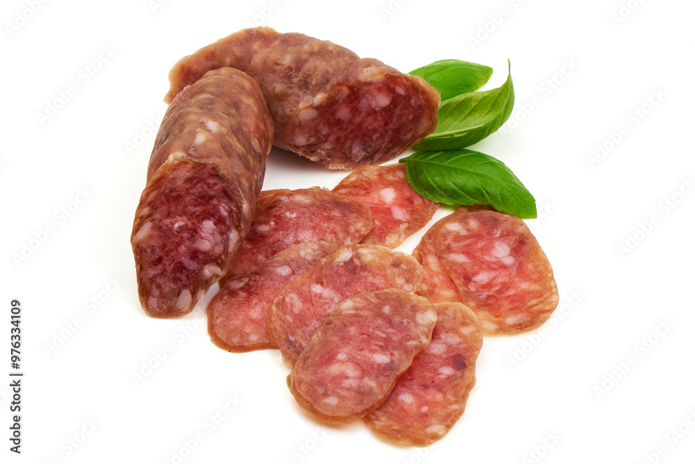 Cured salami sausage, Italian cuisine, isolated on white background Cured salami sausage, Italian cuisine, isolated on white background