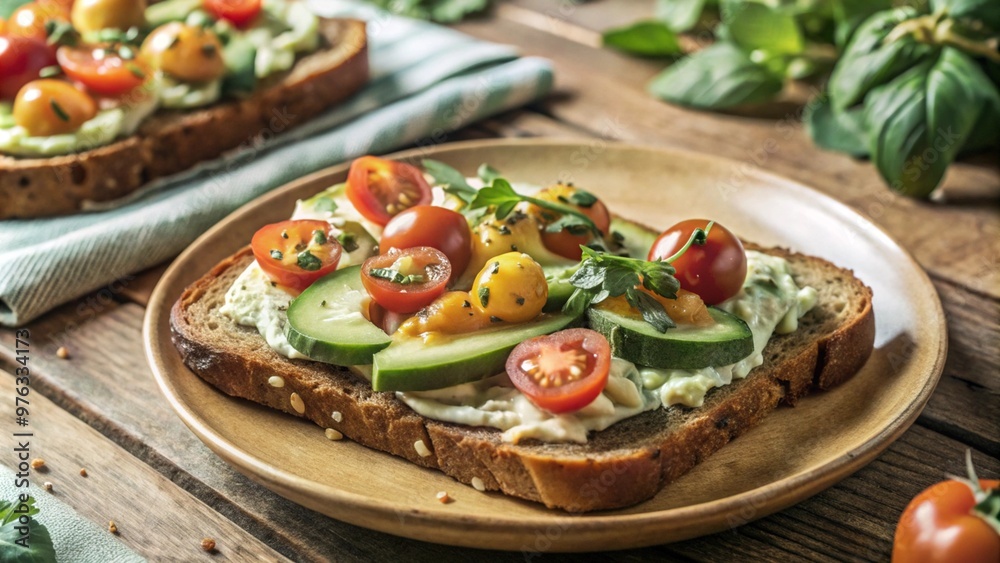 A slice of toasted sour dough bread with avocado and tomato on top
A slice of toasted sour dough bread with avocado and tomato on top