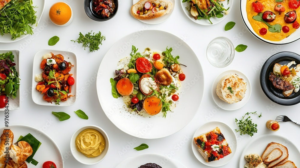 A top view of a gourmet meal, arranged on a white background A top view of a gourmet meal, arranged on a white background