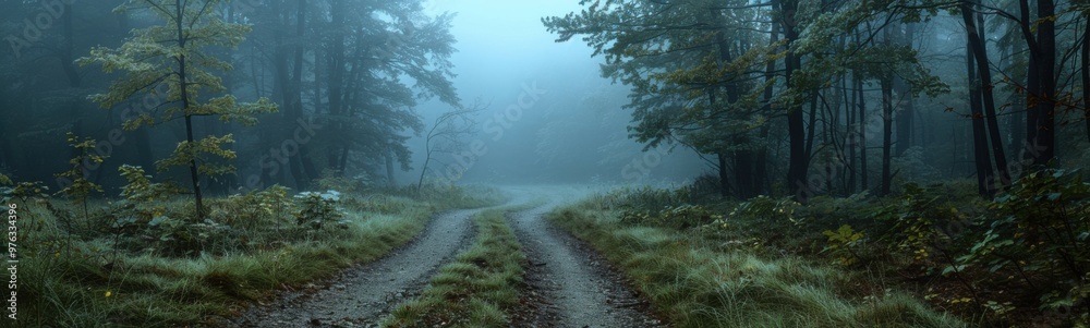Obraz premium Dirt road that is surrounded by trees in the fog, forest path, banner, copy space, nature background