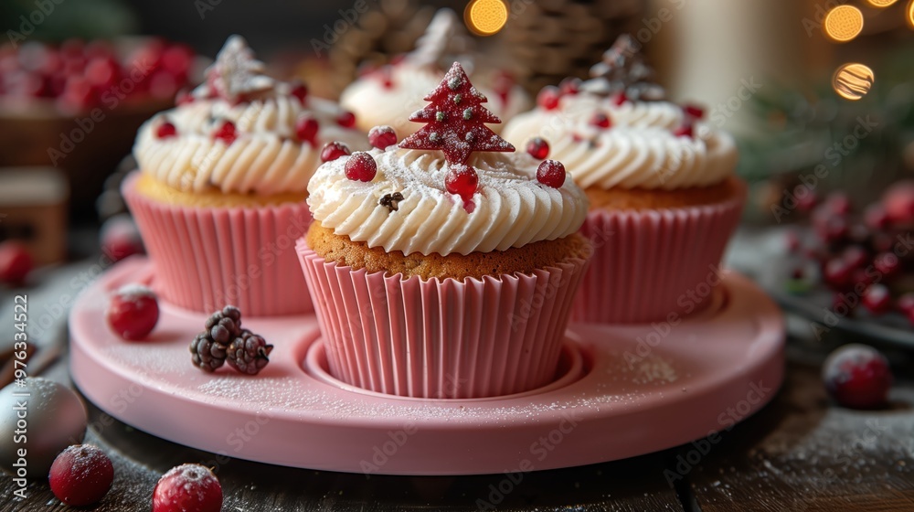 Festive Christmas Cupcakes with Cream Topping in Pink Silicone Cups on a Holiday-Themed Background Festive Christmas Cupcakes with Cream Topping in Pink Silicone Cups on a Holiday-Themed Background
