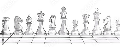 A chess board with the pieces lined up in a row