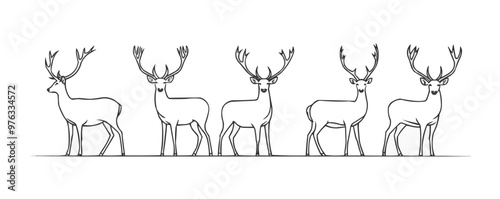 A line of deer with antlers are standing in a row