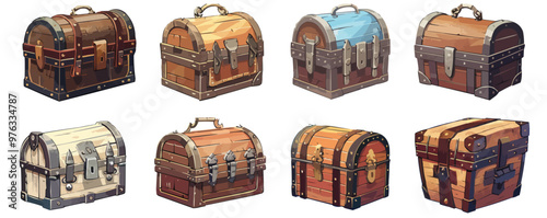 Treasure chests, game trunks, wooden boxes Isolated on background. vector simple illustration