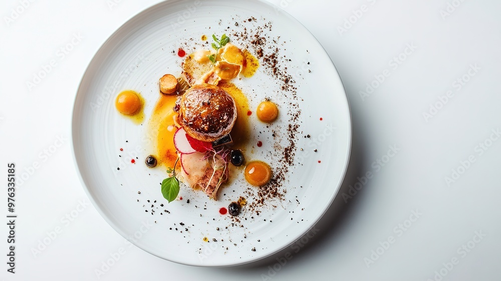 A top view of a beautifully plated dish on a white background A top view of a beautifully plated dish on a white background