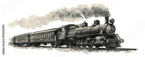 Vintage steam locomotive, engraving style illustration. Hand drawn retro train, sketch. vector simple illustration