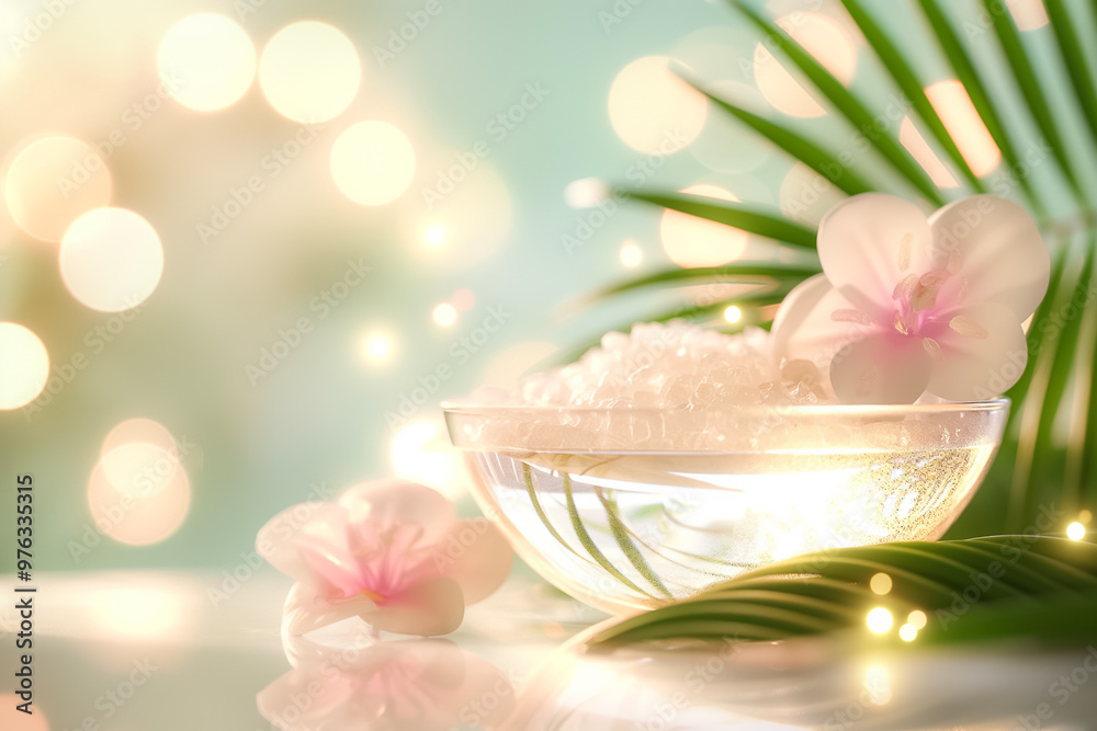 A glass bowl filled with water sits surrounded by delicate orchid flowers on a soft surface, complemented by gentle bokeh lights for a relaxing ambiance A glass bowl filled with water sits surrounded by delicate orchid flowers on a soft surface, complemented by gentle bokeh lights for a relaxing ambiance