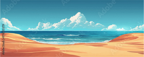 Beach with endless sandy dunes washed by coastal waves. Digital art style vector flat minimalistic isolated illustration.