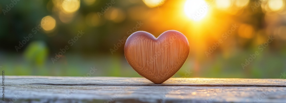 Wooden Heart on a Rustic Table at Sunset Highlighting Concepts of Love and Serenity in Nature Wooden Heart on a Rustic Table at Sunset Highlighting Concepts of Love and Serenity in Nature
