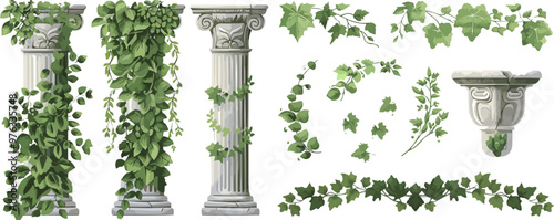 Ivy vines and wreaths, and a greek antique column entwined with ivy, elements isolated on white background. Vector illustration in flat cartoon style