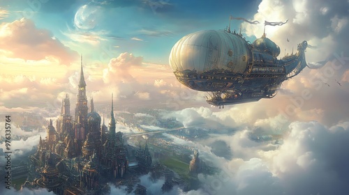A steampunk airship flies over a sprawling, fantastical city in the clouds.