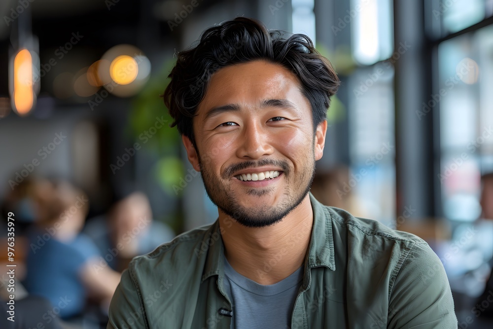 Smiling Man in a Cozy Café Setting Smiling Man in a Cozy Café Setting