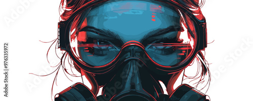 A woman wearing a gas mask with a red and blue design