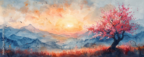 An artistic landscape with a cherry tree, cherry blossoms and sunset painted with watercolor