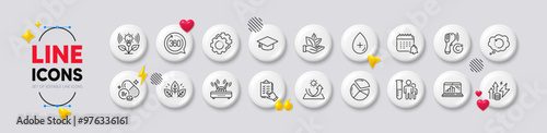 Calendar, Pie chart and Energy inflation line icons. White buttons 3d icons. Pack of Graduation cap, Settings gears, Organic tested icon. Oil serum, Recovery data, Bromine mineral pictogram. Vector