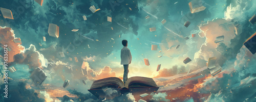 boy standing on the opened book and looking at other books floating in the air, digital art style, illustration painting