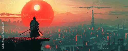 uturistic samurai standing on a building in cyberpunk city vector cartoon cyberpunk. vector simple illustration
