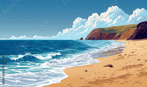 A secluded beach where gentle waves wash the golden sand, with a rocky cape visible in the distance. Vector illustration.