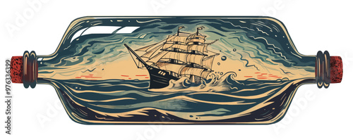 Glass bottle with ship inside. Hand drawn vintage. vector simple illustration