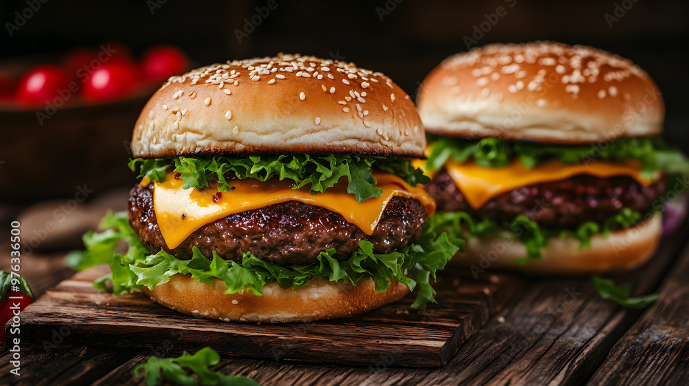 Two Giant Double Cheeseburgers on a Wooden Table Two Giant Double Cheeseburgers on a Wooden Table