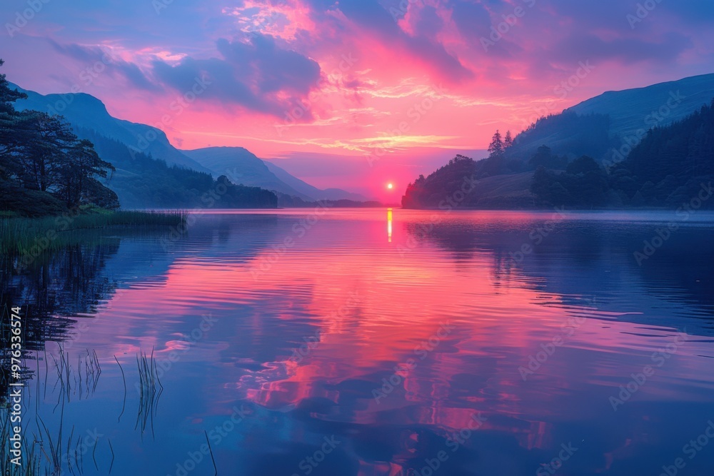 Fototapeta premium Beautiful sunset over a lake with a boat