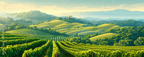A picturesque vineyard scene with orderly rows of grapevines stretching across rolling hillsides. Vector flat minimalistic isolated illustration.