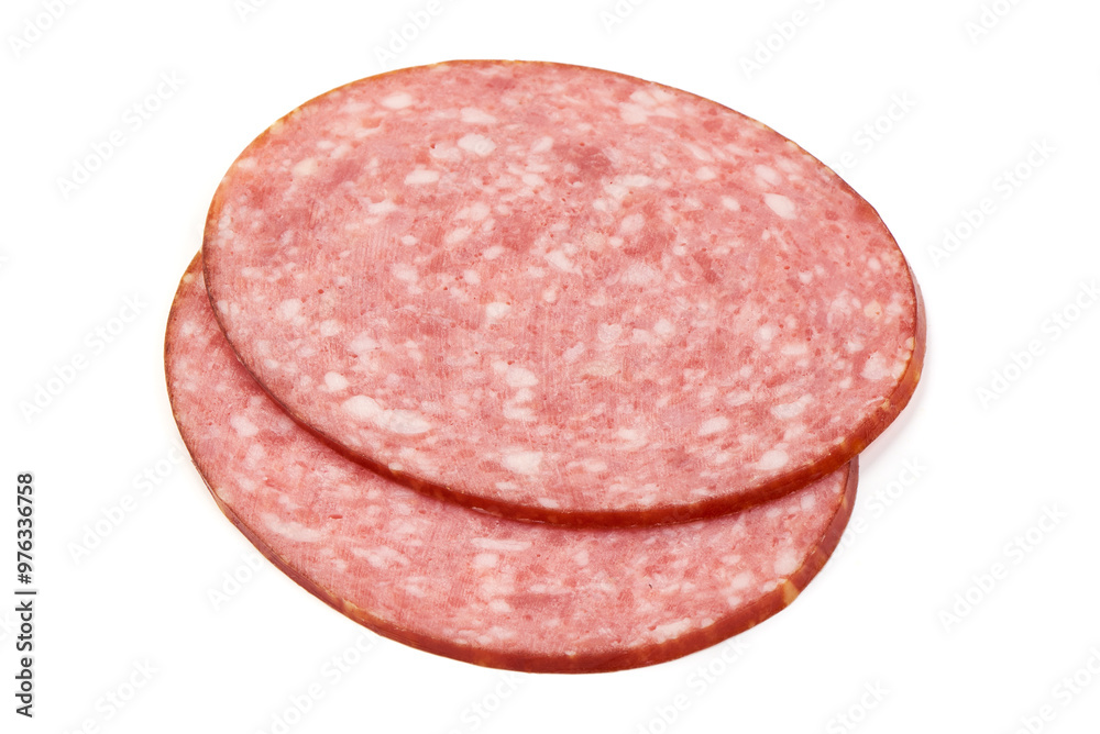 Smoked salami sausage, isolated on white background
